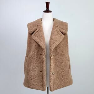 Ann Taylor Oversized Tan Brown Sherpa Teddy Lapel Collar Sleeveless Vest XS/S